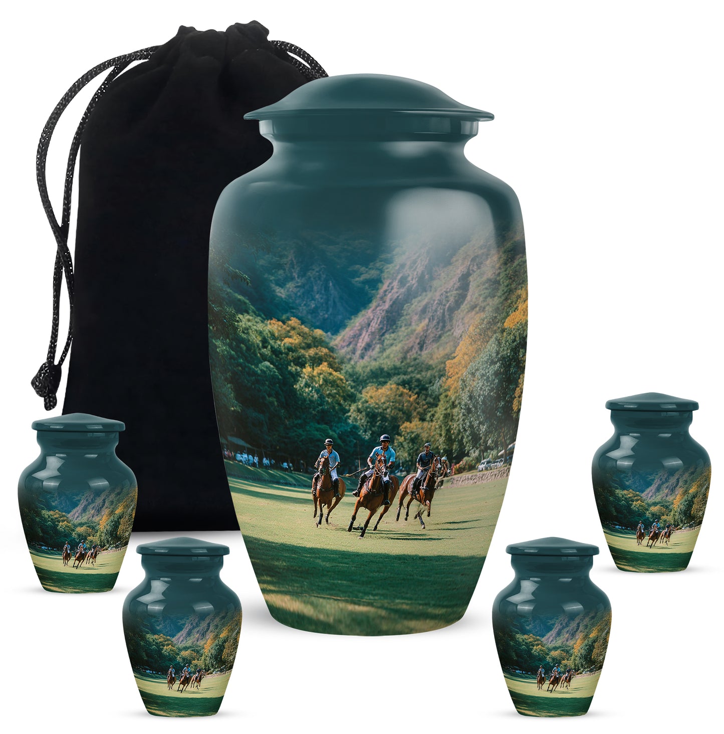 Cool Teal Horse Polo Cremation Urn top-down view of secure threaded lid - timeless horse polo motif etched into premium metal - memorial set with one large and four small urns