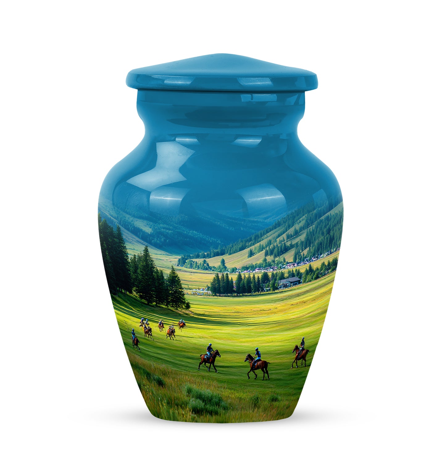Stunning Blue Horse Polo Haven Urn for Human Ashes - 10-inch, 200 cu in - Yatskia