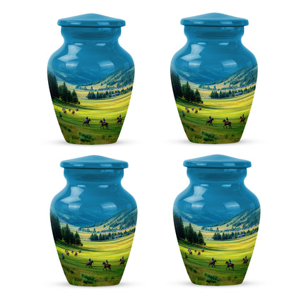 Sapphire Blue Horse Polo Cremation Urn side profile showing urn shape - traditional horse polo engraving with hand-polished finish - 10 inch aluminum urn for cremated remains