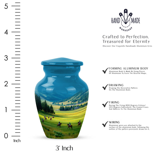 Cornflower Blue Horse Polo Cremation Urn close-up of engraving and surface detail - elegant classic horse polo relief with fine detailing - mini keepsake memorial for portion of cremation ashes