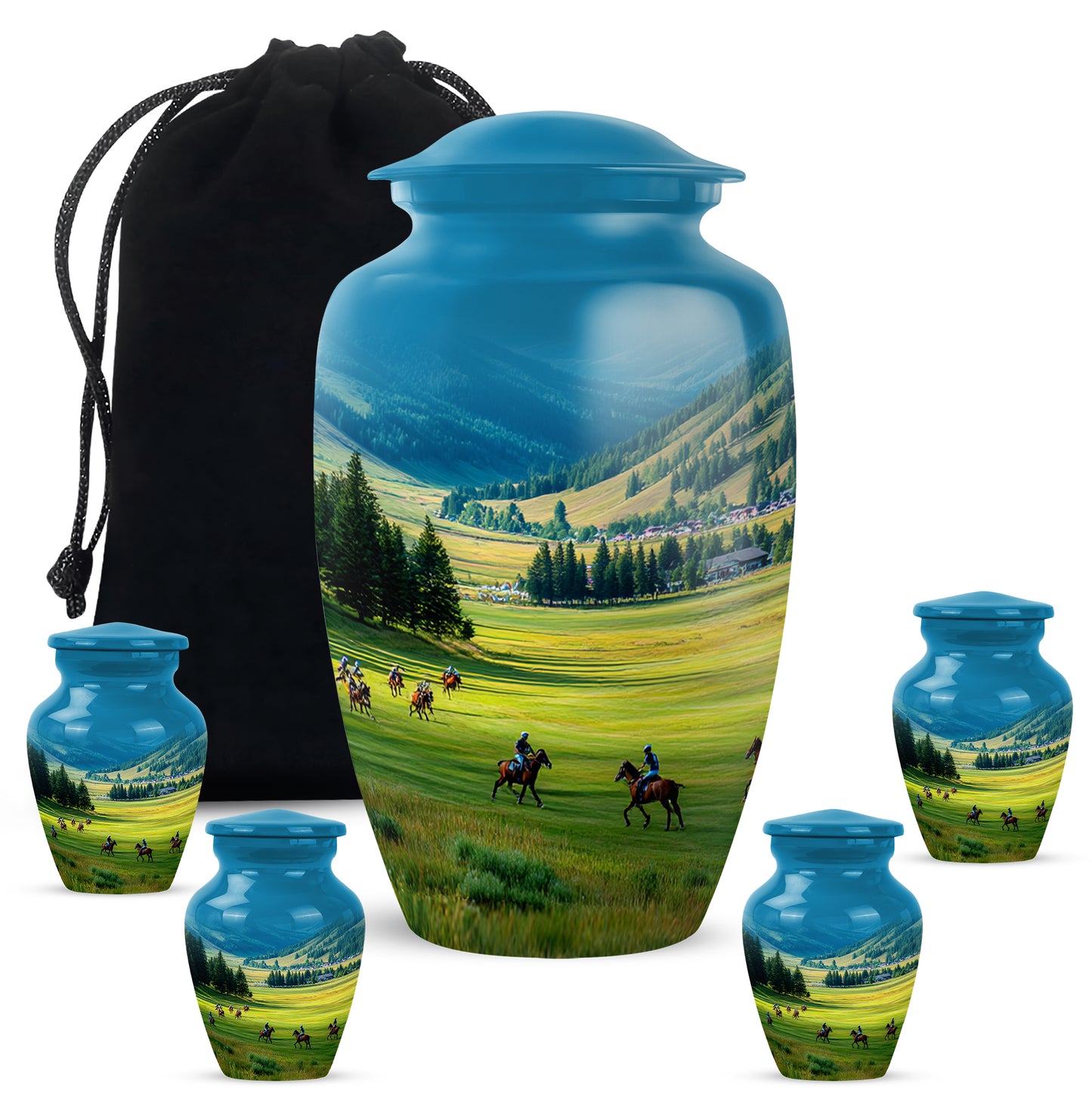 Soft Blue Horse Polo Cremation Urn top-down view of secure threaded lid - traditional horse polo engraving with hand-polished finish - memorial set with one large and four small urns