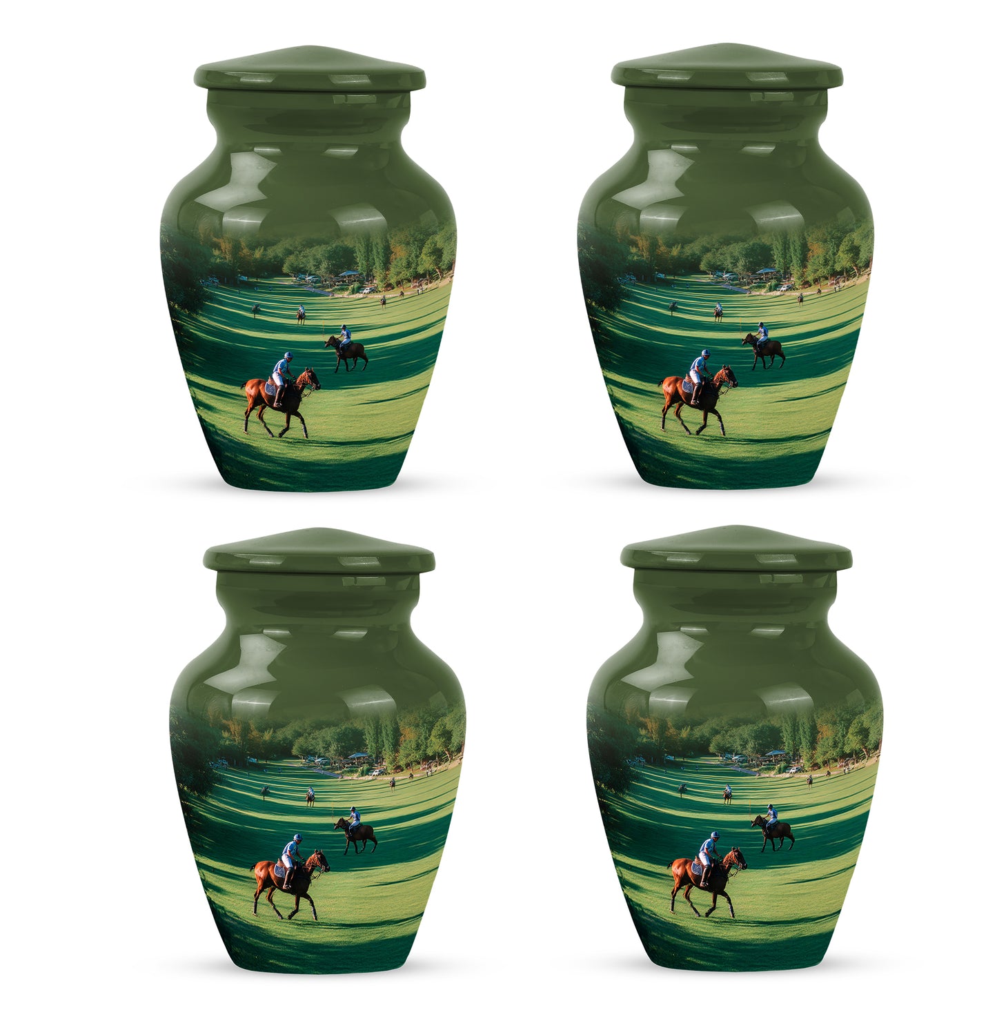 Mint Green Horse Polo Cremation Urn side profile showing urn shape - elegant classic horse polo relief with fine detailing - 10 inch aluminum urn for cremated remains