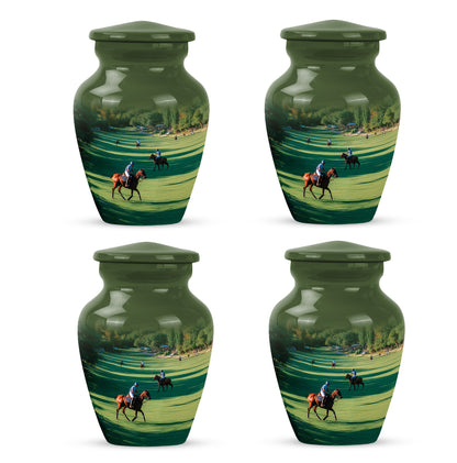 Mint Green Horse Polo Cremation Urn side profile showing urn shape - elegant classic horse polo relief with fine detailing - 10 inch aluminum urn for cremated remains