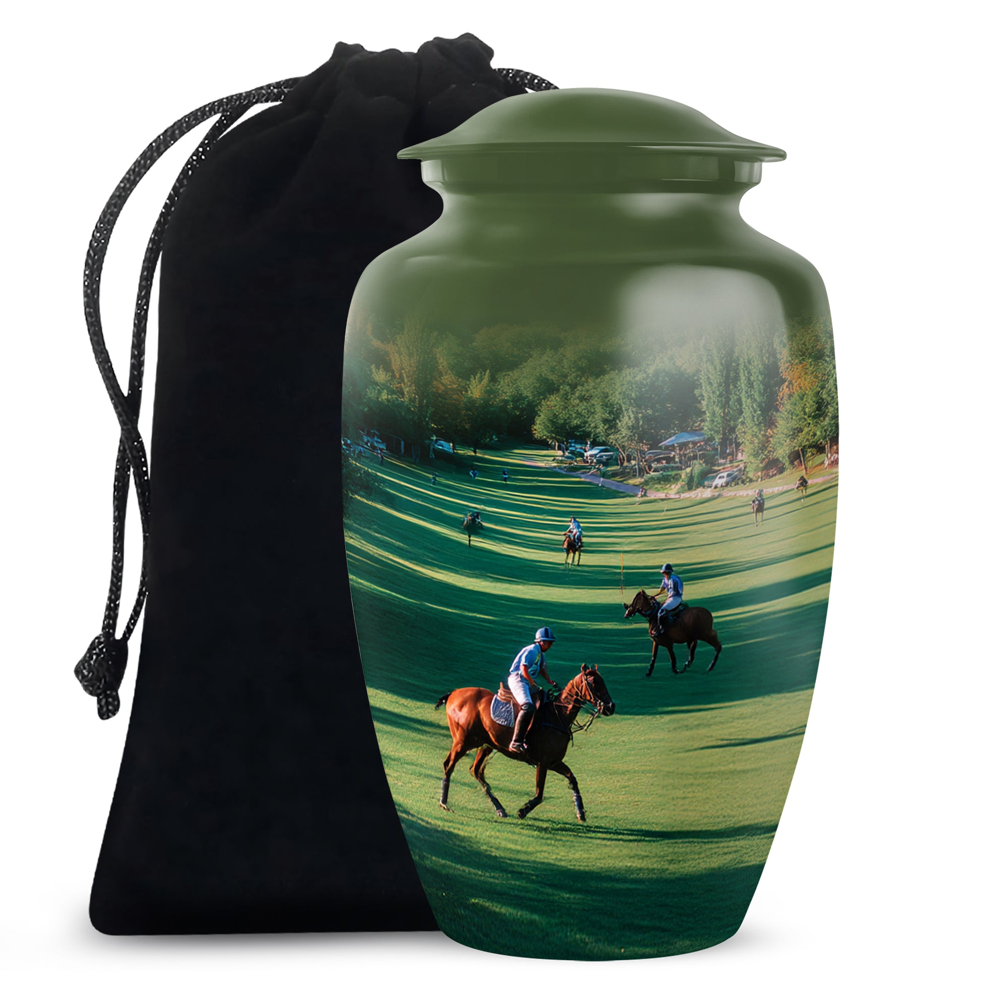 Moss Green Horse Polo Cremation Urn angled view of lid and engraved motif - classic sculpted horse polo pattern on smooth aluminum - full-size 10 inch 200 cubic inch adult cremation urn