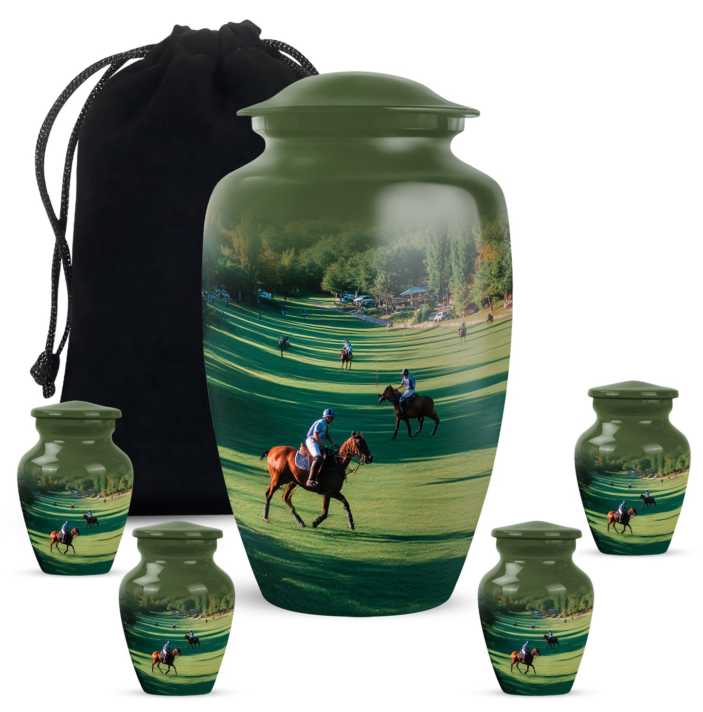 Hunter Green Horse Polo Cremation Urn top-down view of secure threaded lid - traditional horse polo engraving with hand-polished finish - memorial set with one large and four small urns