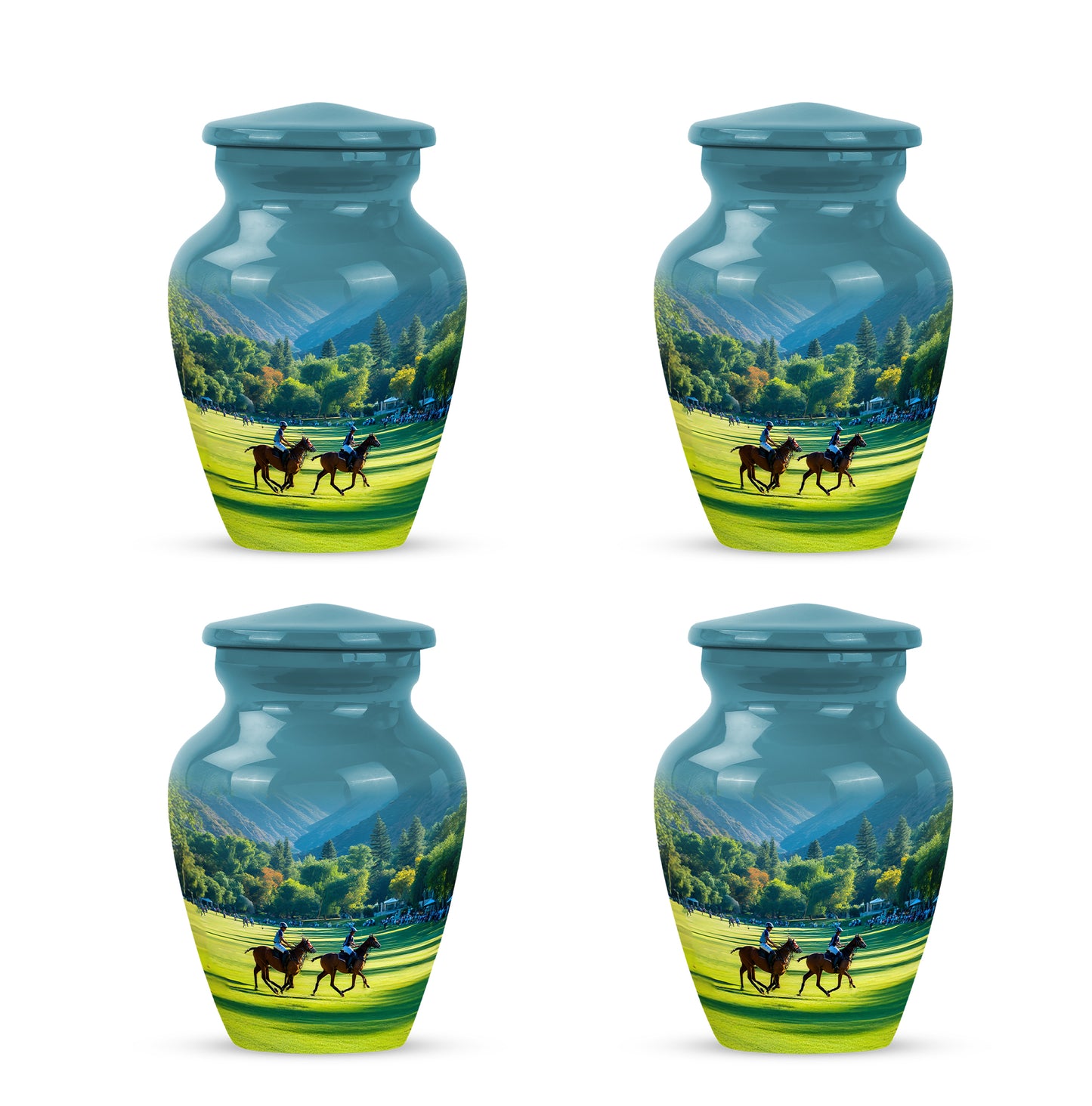 Deep Teal Horse Polo Cremation Urn side profile showing urn shape - elegant classic horse polo relief with fine detailing - 10 inch aluminum urn for cremated remains