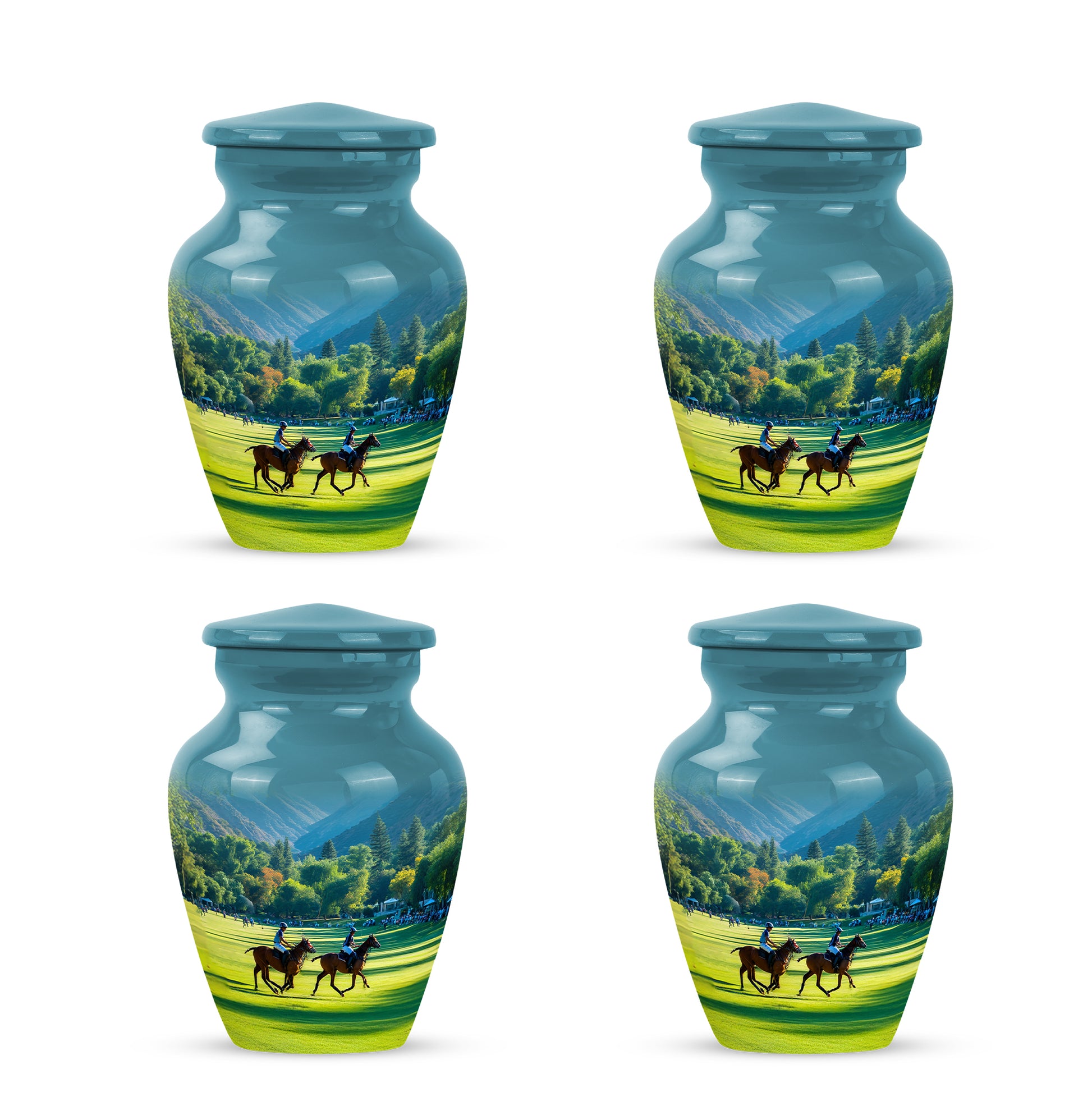 Deep Teal Horse Polo Cremation Urn side profile showing urn shape - elegant classic horse polo relief with fine detailing - 10 inch aluminum urn for cremated remains