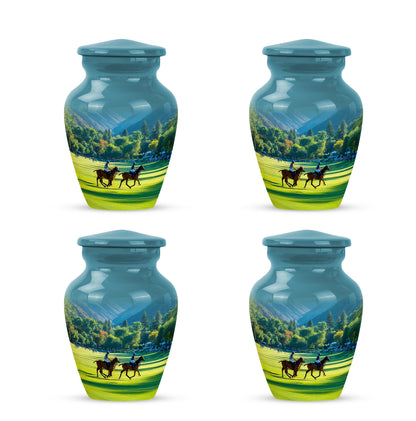 Deep Teal Horse Polo Cremation Urn side profile showing urn shape - elegant classic horse polo relief with fine detailing - 10 inch aluminum urn for cremated remains