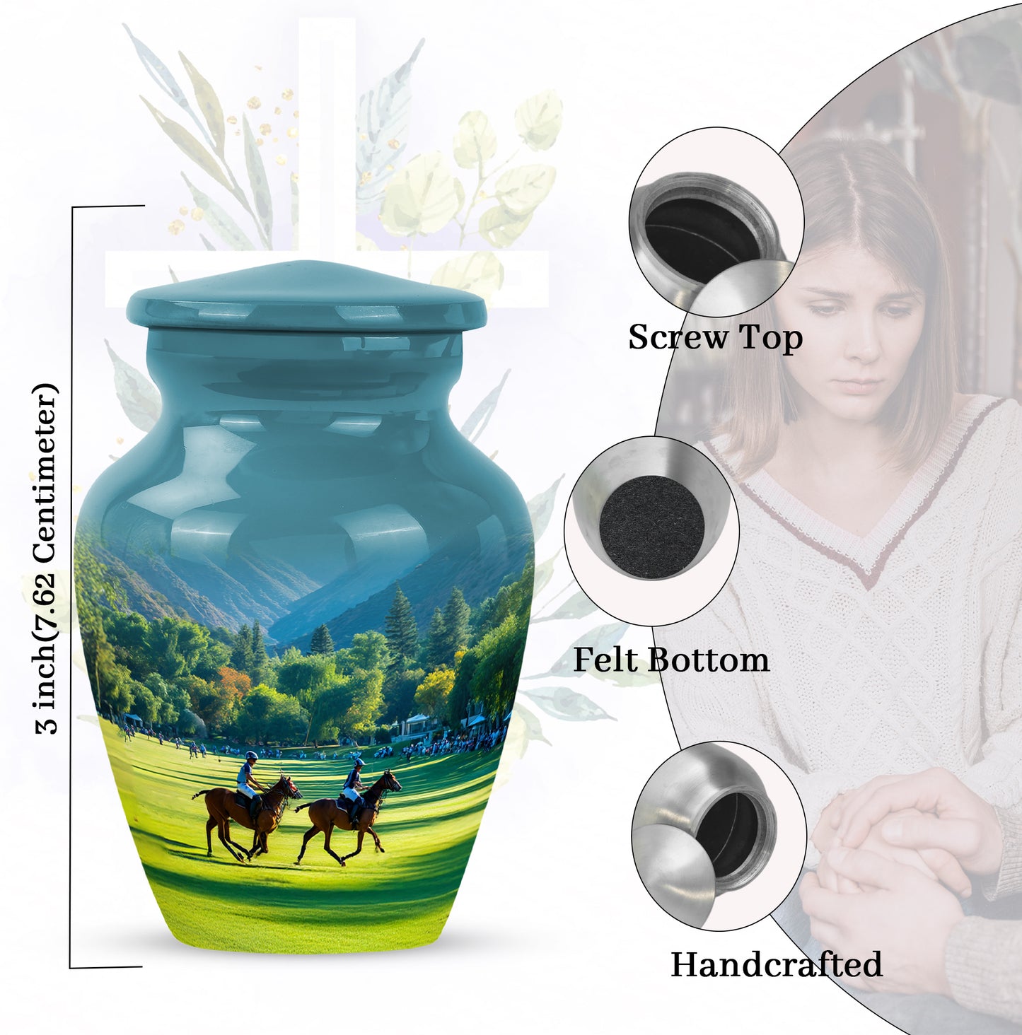 Vivid Teal Horse Polo Cremation Urn close-up of engraving and surface detail - traditional horse polo engraving with hand-polished finish - mini keepsake memorial for portion of cremation ashes