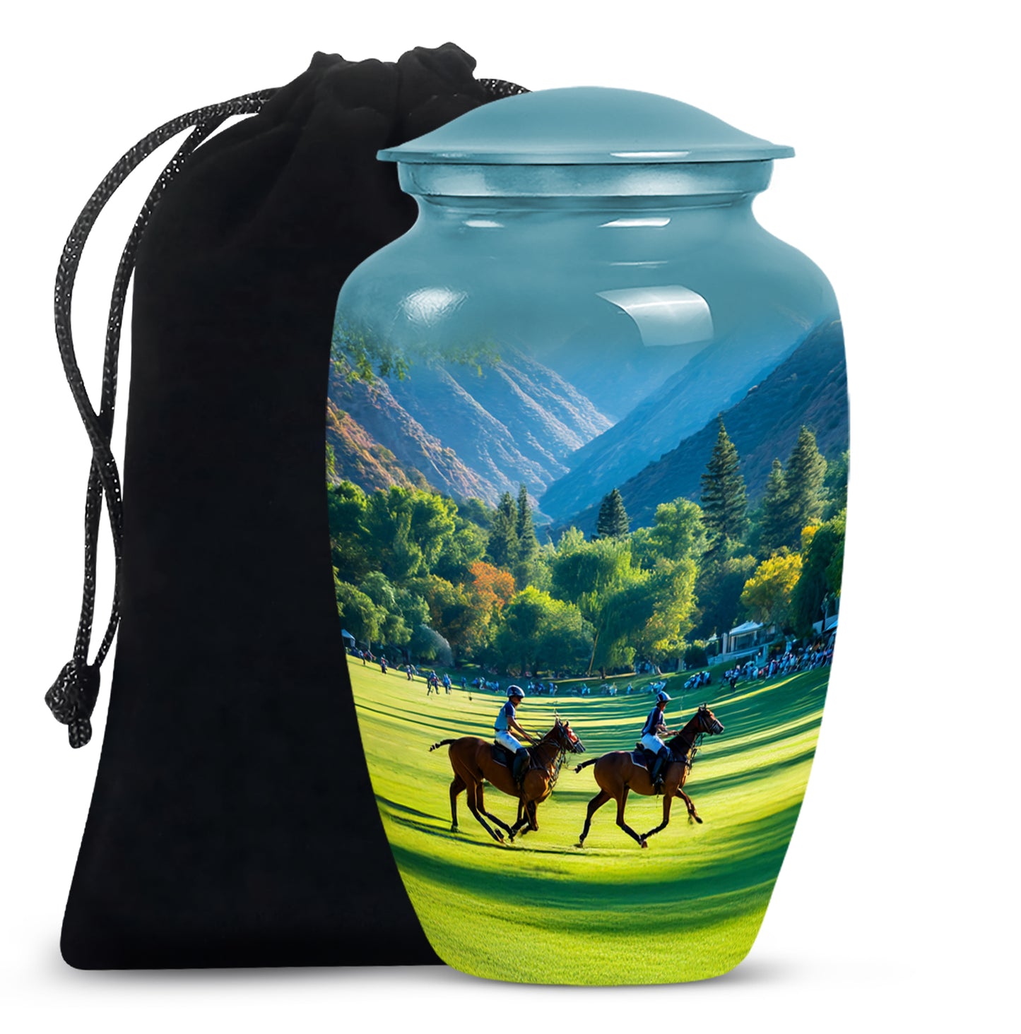 Aqua Teal Horse Polo Cremation Urn angled view of lid and engraved motif - traditional horse polo engraving with hand-polished finish - full-size 10 inch 200 cubic inch adult cremation urn