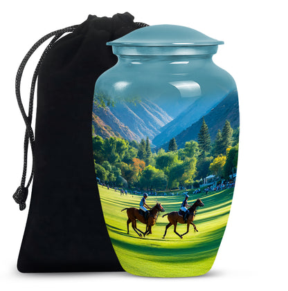 Aqua Teal Horse Polo Cremation Urn angled view of lid and engraved motif - traditional horse polo engraving with hand-polished finish - full-size 10 inch 200 cubic inch adult cremation urn