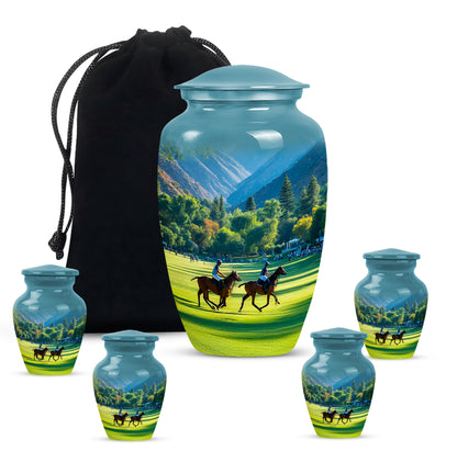 Ocean Teal Horse Polo Cremation Urn top-down view of secure threaded lid - timeless horse polo motif etched into premium metal - memorial set with one large and four small urns