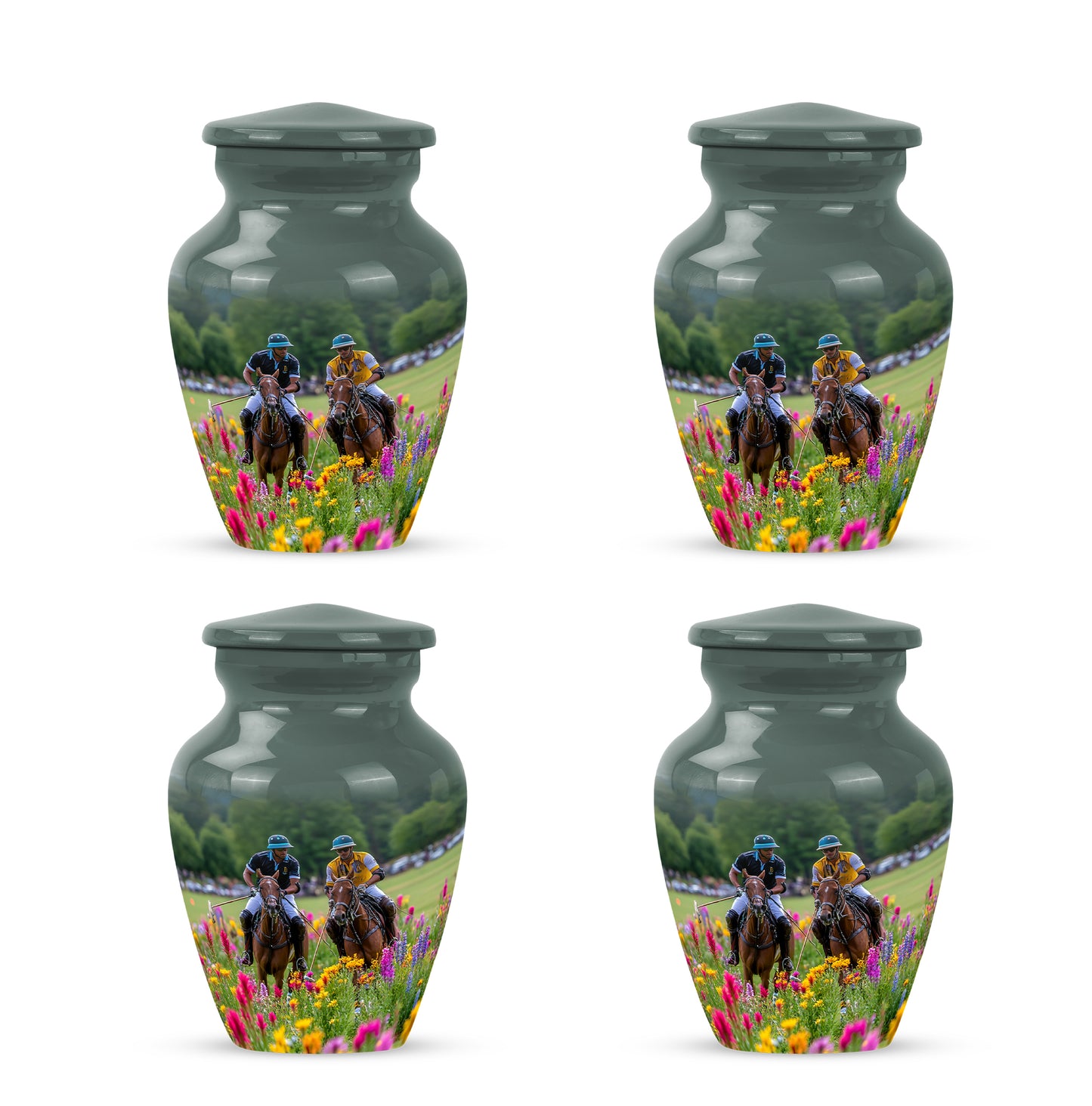 Dove Gray Horse Polo Cremation Urn side profile showing urn shape - timeless horse polo motif etched into premium metal - 10 inch aluminum urn for cremated remains