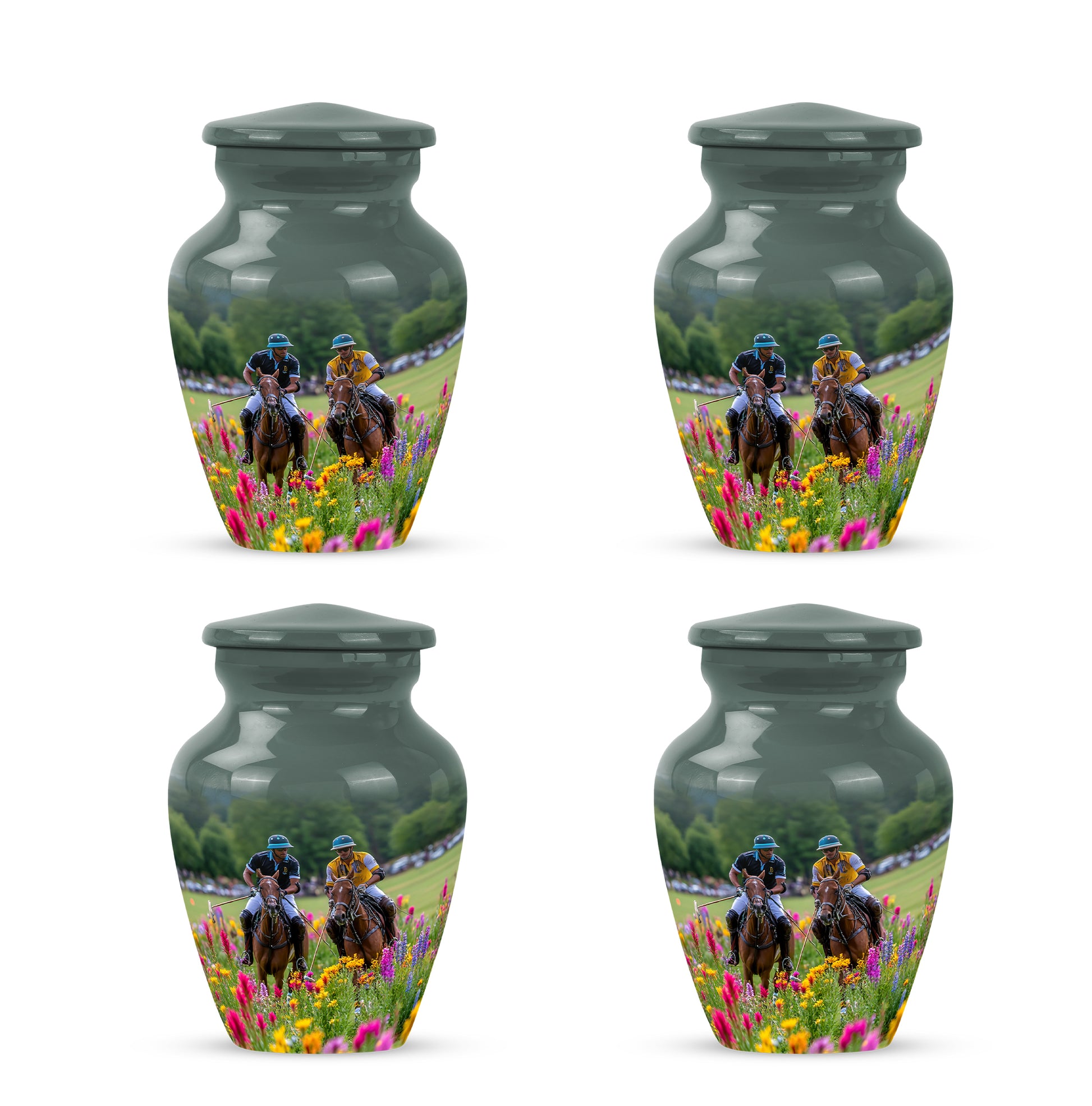 Dove Gray Horse Polo Cremation Urn side profile showing urn shape - timeless horse polo motif etched into premium metal - 10 inch aluminum urn for cremated remains