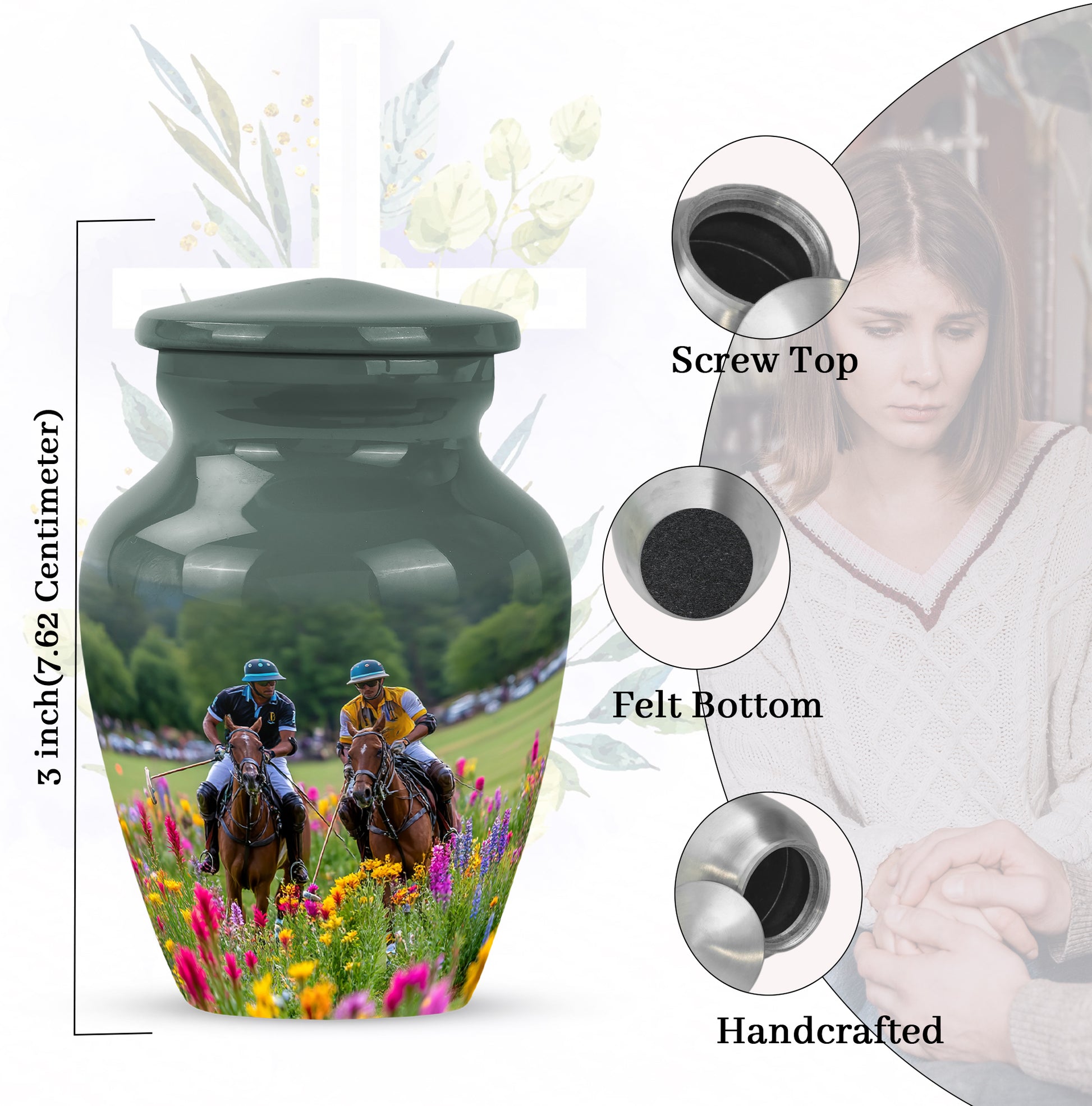 Silver Gray Horse Polo Cremation Urn close-up of engraving and surface detail - timeless horse polo motif etched into premium metal - mini keepsake memorial for portion of cremation ashes