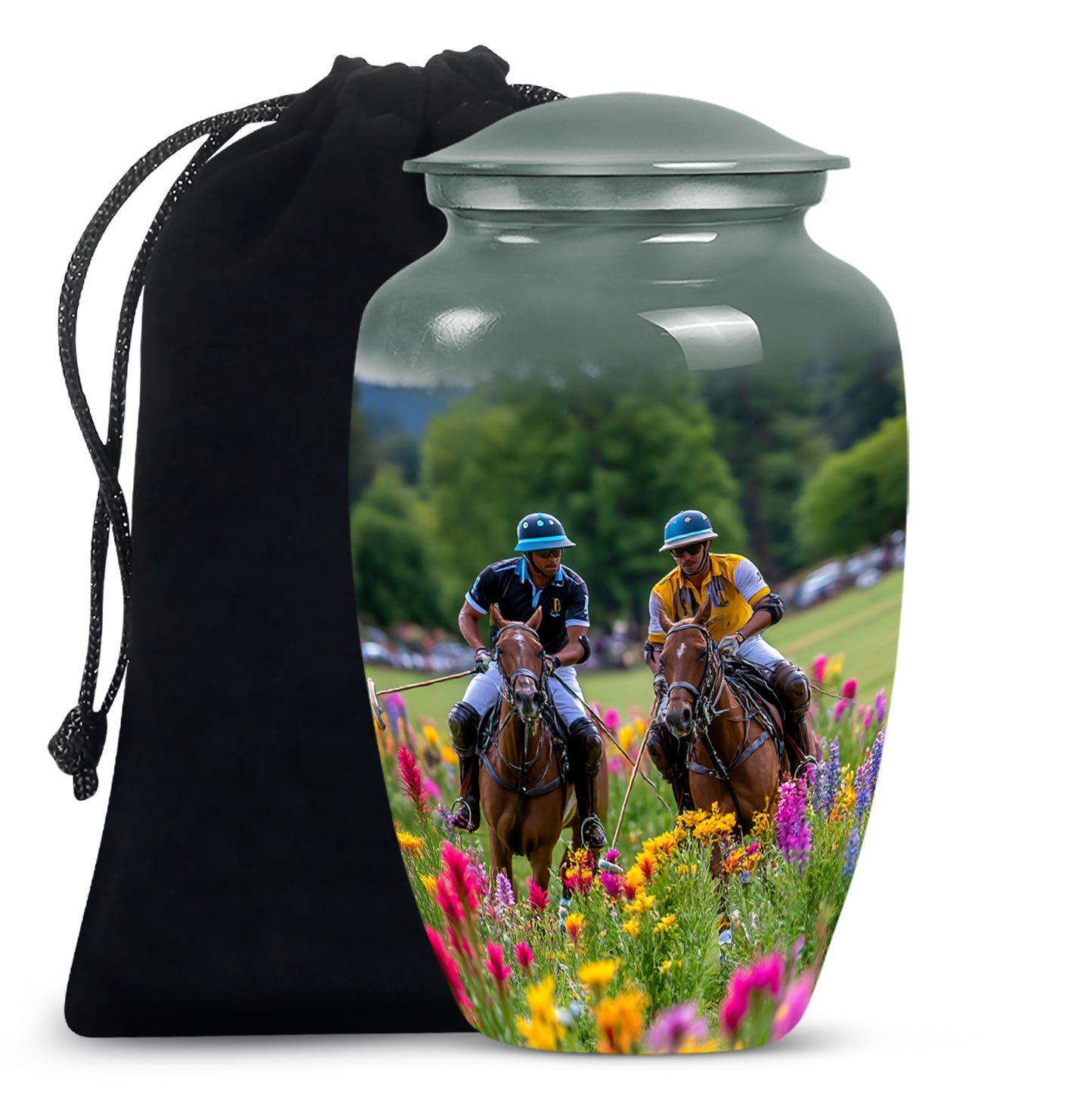 Pewter Gray Horse Polo Cremation Urn angled view of lid and engraved motif - classic sculpted horse polo pattern on smooth aluminum - full-size 10 inch 200 cubic inch adult cremation urn