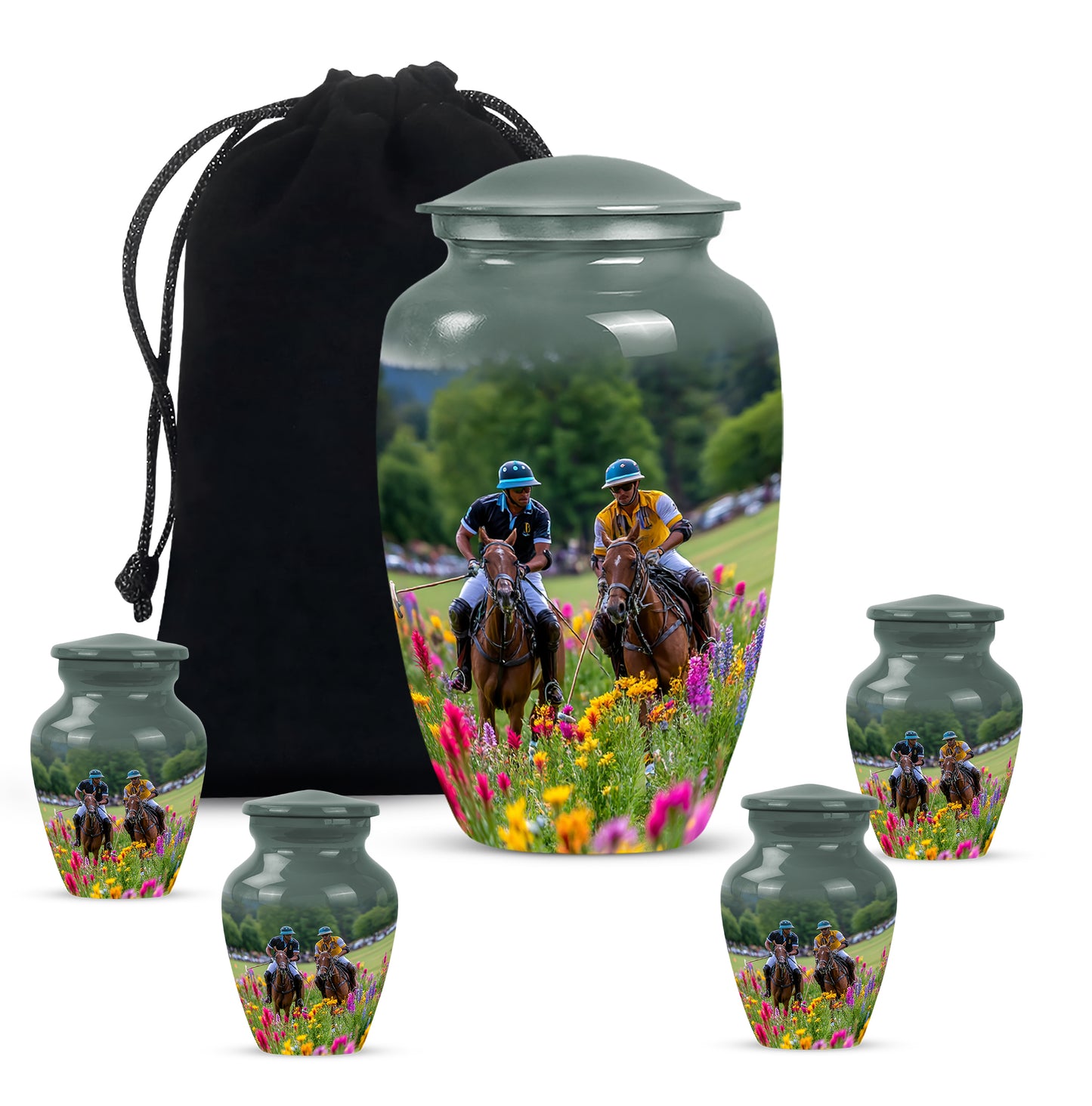Storm Gray Horse Polo Cremation Urn top-down view of secure threaded lid - traditional horse polo engraving with hand-polished finish - memorial set with one large and four small urns