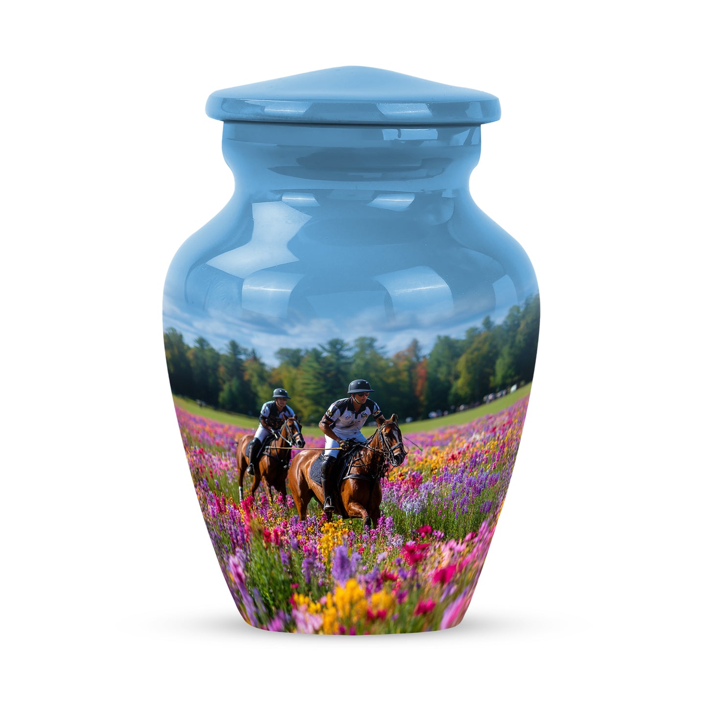 Blue Treasured Horse Polo Cremation Urns for Human Ashes - 10-inch, 200 cu in - Yatskia