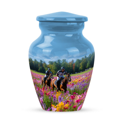 Blue Treasured Horse Polo Cremation Urns for Human Ashes - 10-inch, 200 cu in - Yatskia