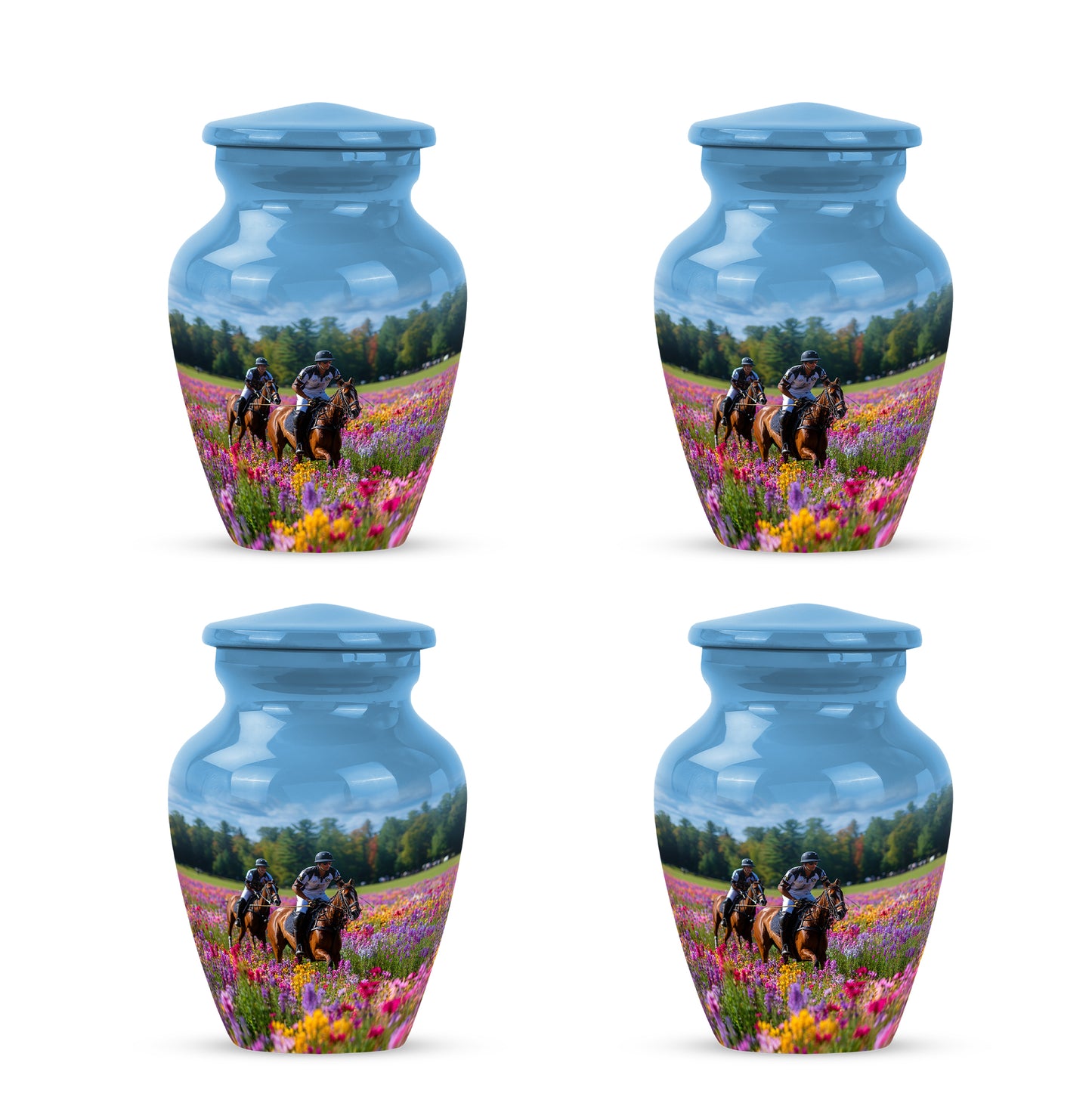 Misty Blue Horse Polo Cremation Urn side profile showing urn shape - timeless horse polo motif etched into premium metal - 10 inch aluminum urn for cremated remains