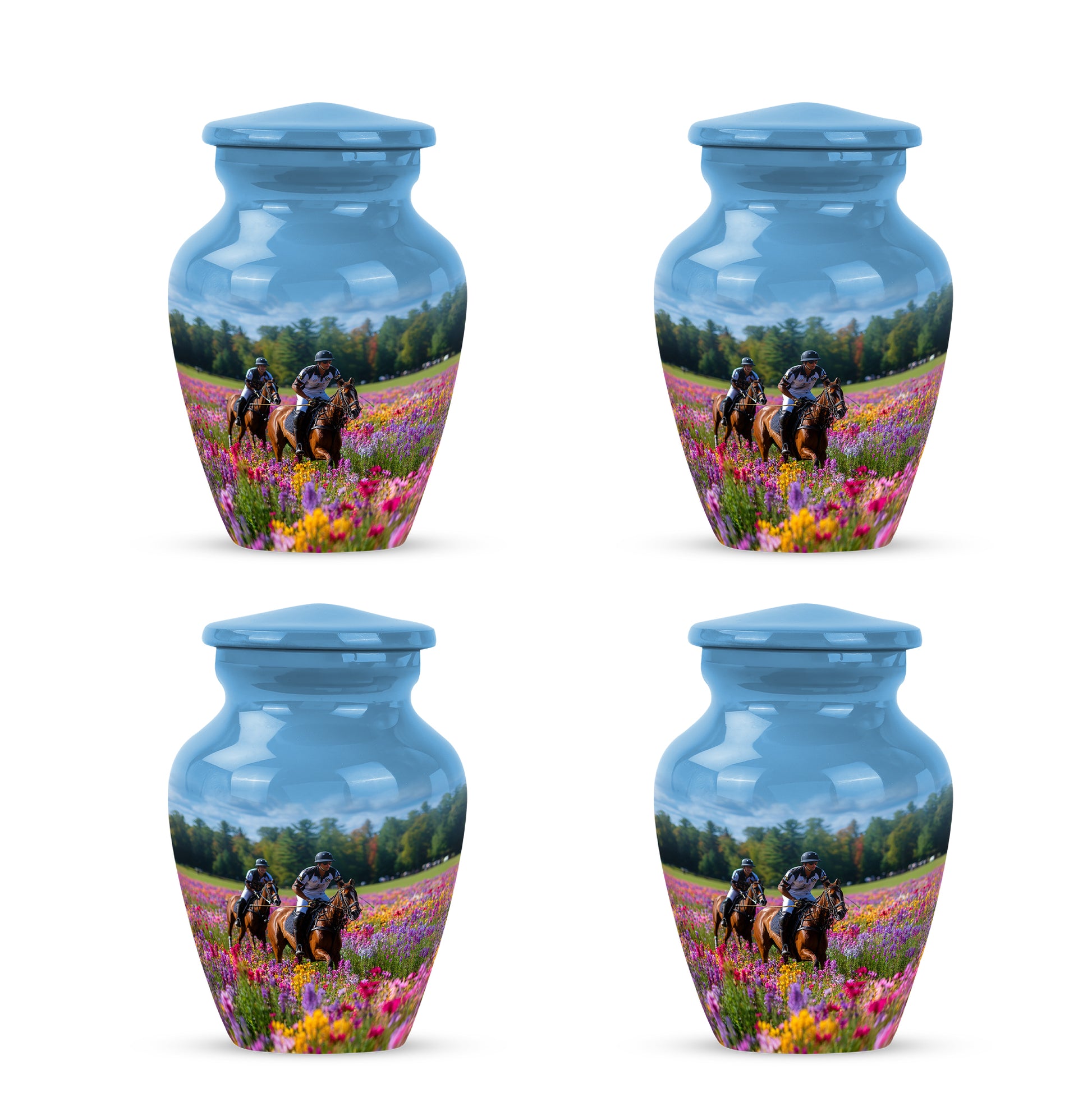Misty Blue Horse Polo Cremation Urn side profile showing urn shape - timeless horse polo motif etched into premium metal - 10 inch aluminum urn for cremated remains