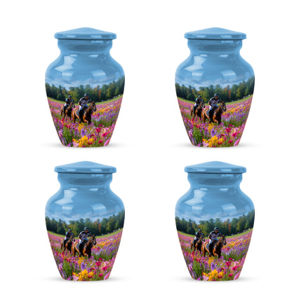 Misty Blue Horse Polo Cremation Urn side profile showing urn shape - timeless horse polo motif etched into premium metal - 10 inch aluminum urn for cremated remains