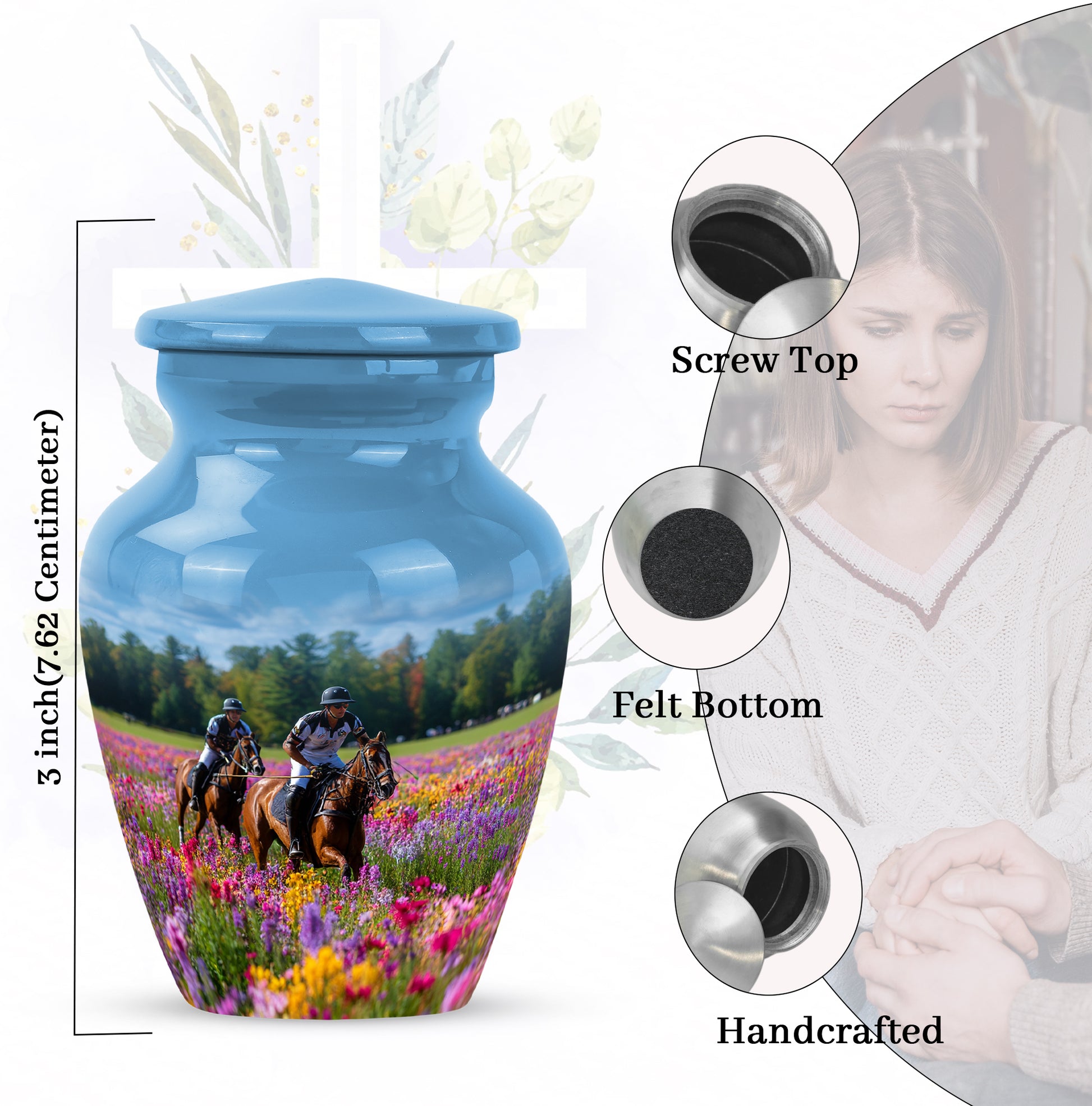 Slate Blue Horse Polo Cremation Urn close-up of engraving and surface detail - classic sculpted horse polo pattern on smooth aluminum - mini keepsake memorial for portion of cremation ashes