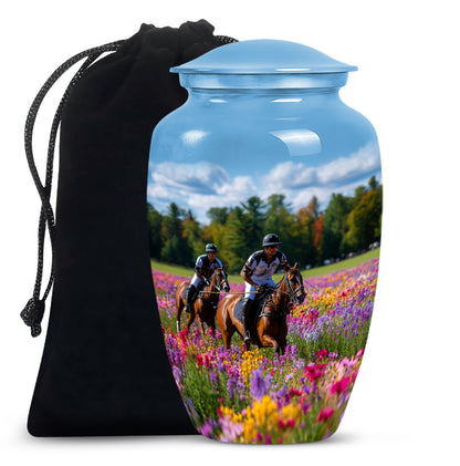 Soft Blue Horse Polo Cremation Urn angled view of lid and engraved motif - traditional horse polo engraving with hand-polished finish - full-size 10 inch 200 cubic inch adult cremation urn