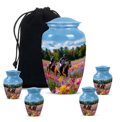 Serene Blue Horse Polo Cremation Urn top-down view of secure threaded lid - elegant classic horse polo relief with fine detailing - memorial set with one large and four small urns