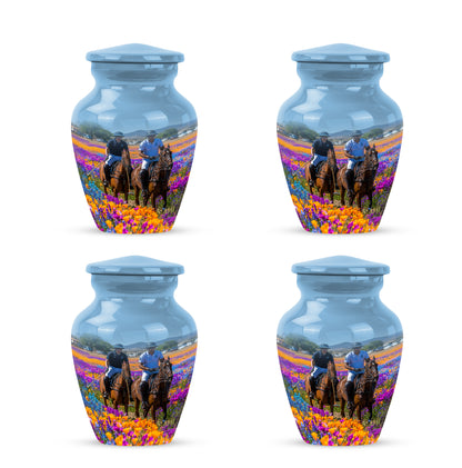 Cobalt Blue Horse Polo Cremation Urn side profile showing urn shape - traditional horse polo engraving with hand-polished finish - 10 inch aluminum urn for cremated remains
