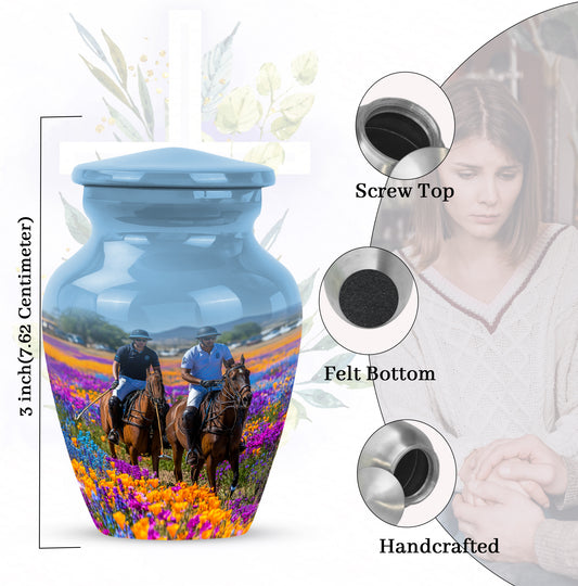 Slate Blue Horse Polo Cremation Urn close-up of engraving and surface detail - timeless horse polo motif etched into premium metal - mini keepsake memorial for portion of cremation ashes