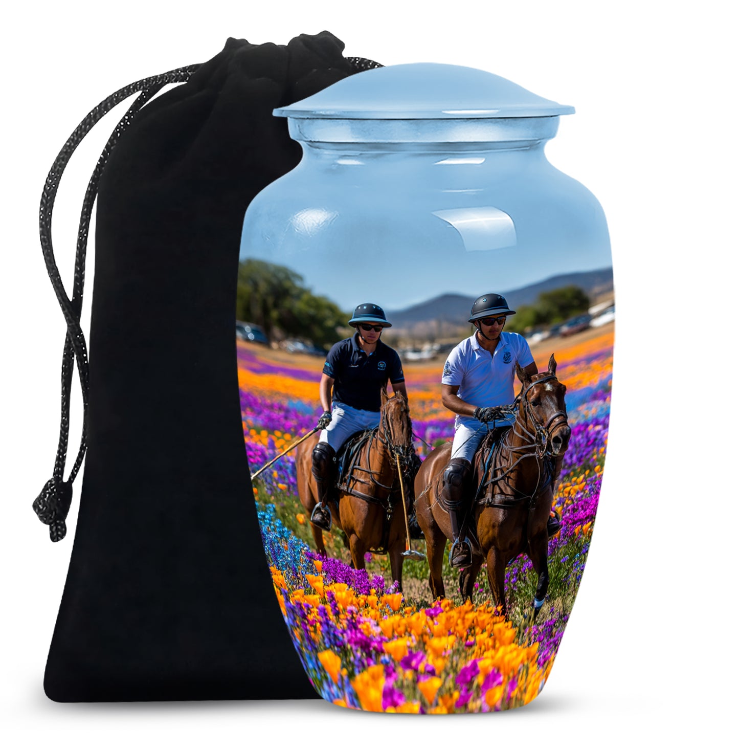Calming Blue Horse Polo Cremation Urn angled view of lid and engraved motif - traditional horse polo engraving with hand-polished finish - full-size 10 inch 200 cubic inch adult cremation urn