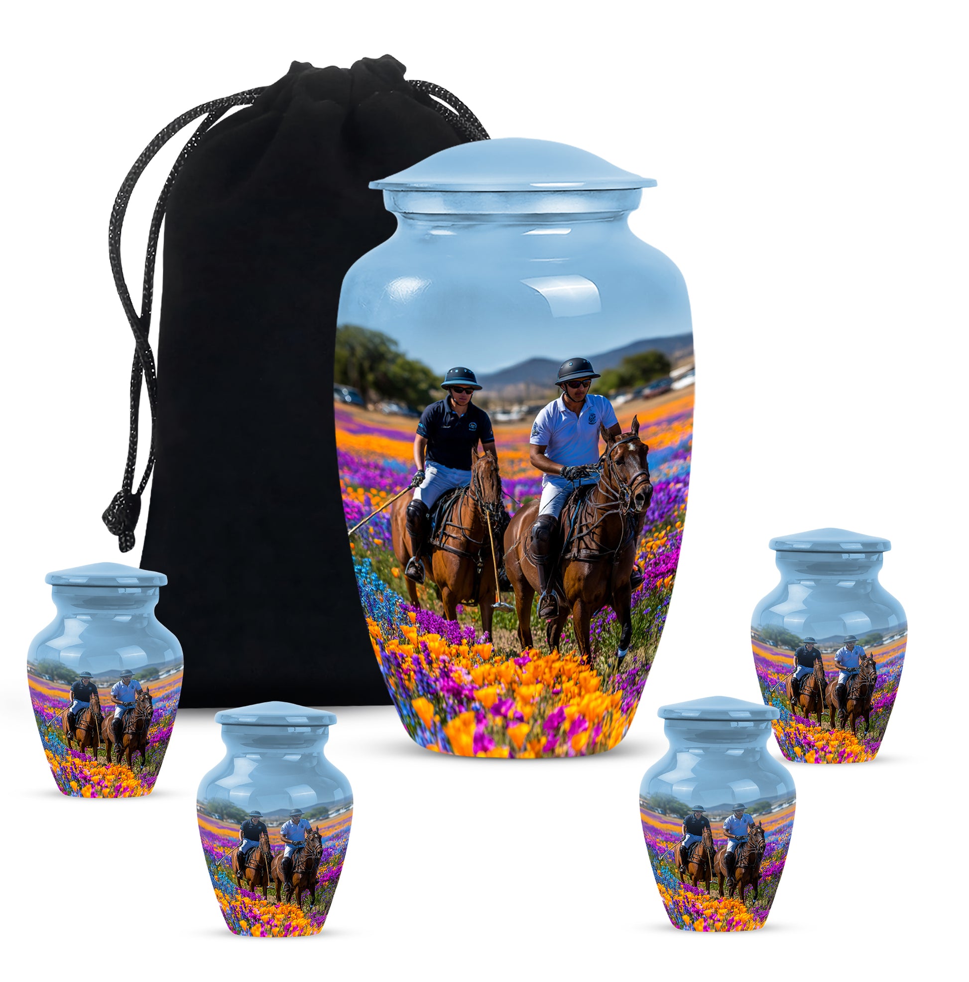 Dusty Blue Horse Polo Cremation Urn top-down view of secure threaded lid - timeless horse polo motif etched into premium metal - memorial set with one large and four small urns