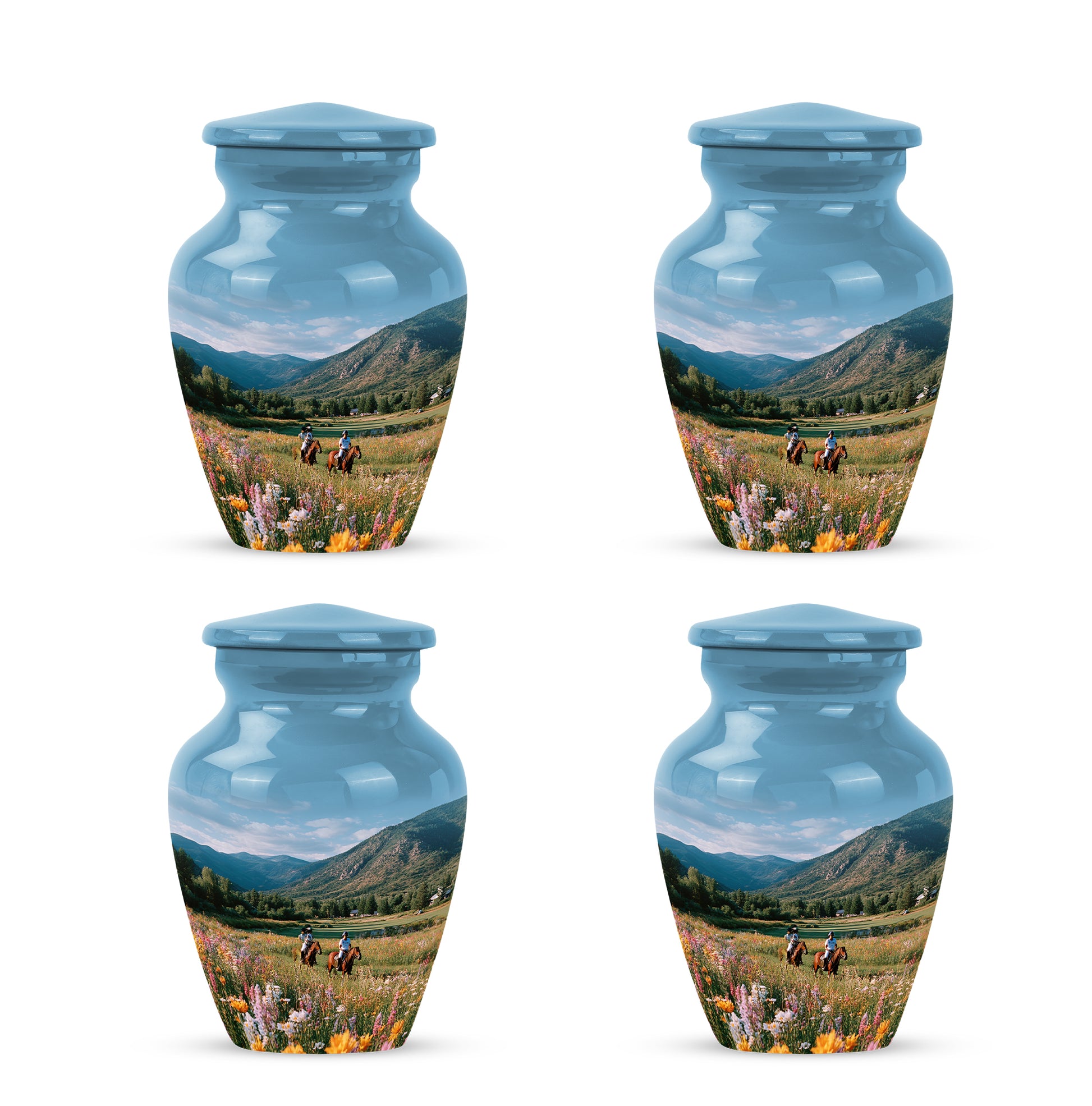 Celestial Blue Horse Polo Cremation Urn side profile showing urn shape - timeless horse polo motif etched into premium metal - 10 inch aluminum urn for cremated remains