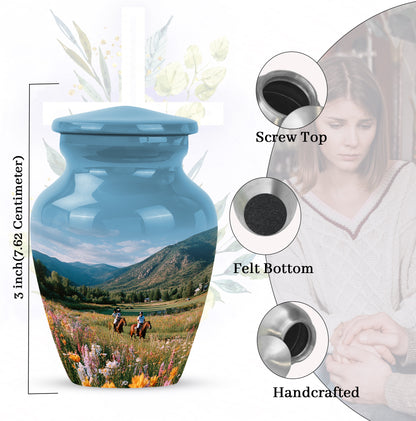 Cobalt Blue Horse Polo Cremation Urn close-up of engraving and surface detail - elegant classic horse polo relief with fine detailing - mini keepsake memorial for portion of cremation ashes