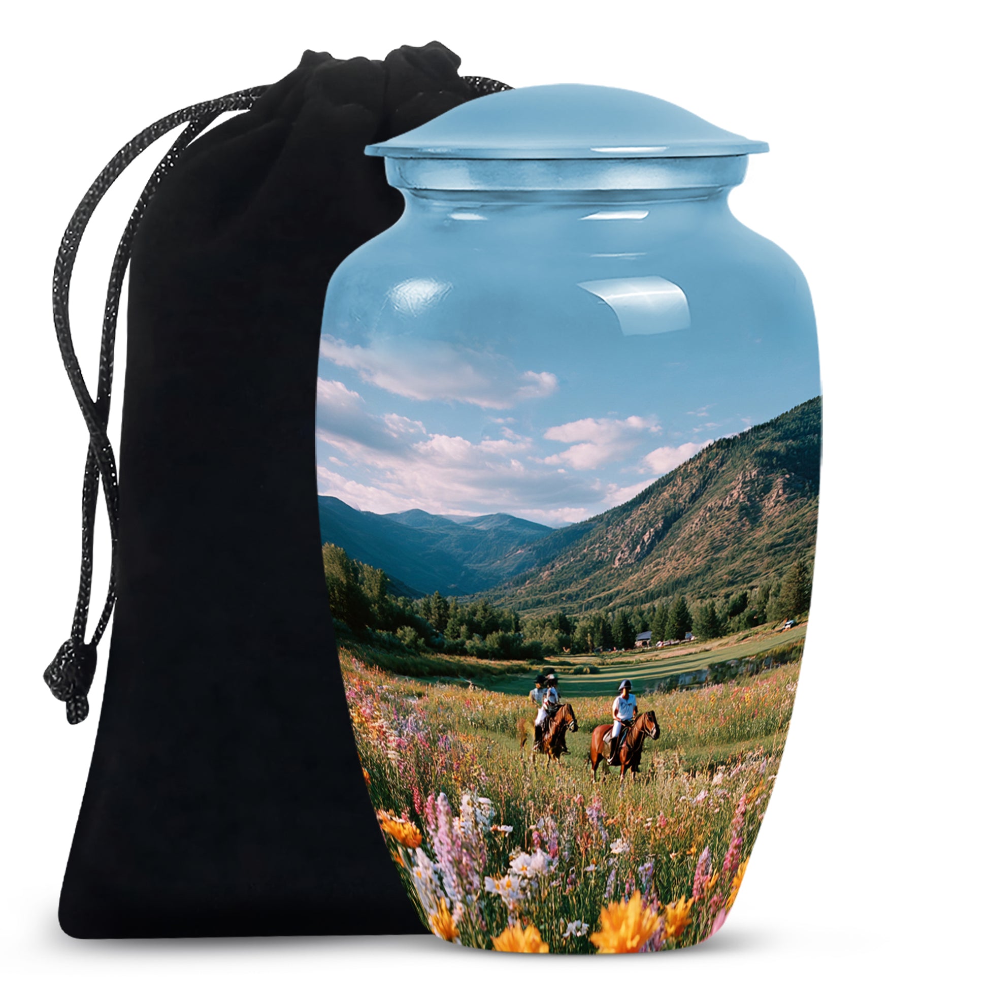 Navy Blue Horse Polo Cremation Urn angled view of lid and engraved motif - timeless horse polo motif etched into premium metal - full-size 10 inch 200 cubic inch adult cremation urn