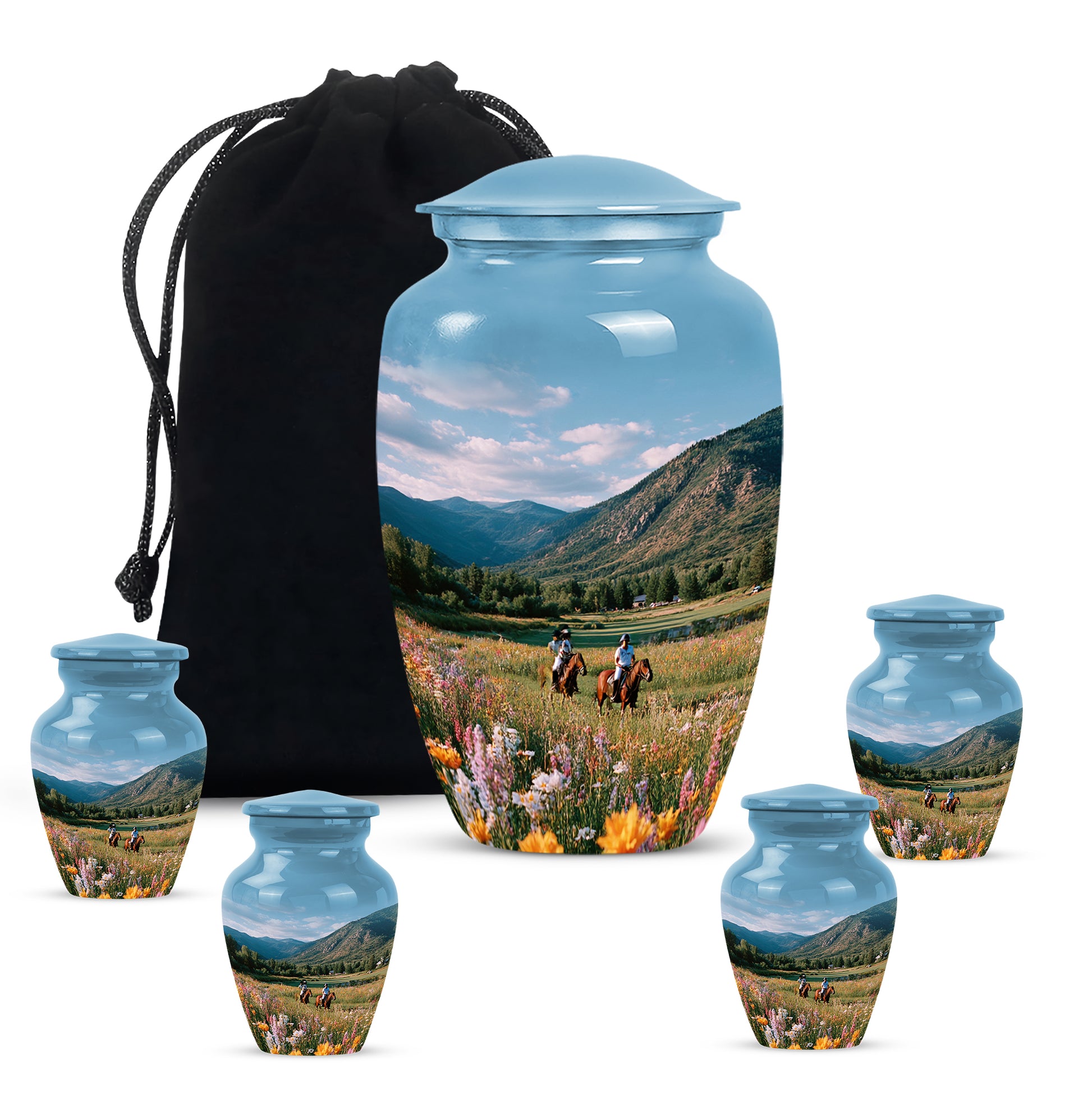 Sky Blue Horse Polo Cremation Urn top-down view of secure threaded lid - timeless horse polo motif etched into premium metal - memorial set with one large and four small urns