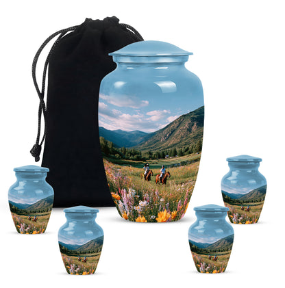 Sky Blue Horse Polo Cremation Urn top-down view of secure threaded lid - timeless horse polo motif etched into premium metal - memorial set with one large and four small urns