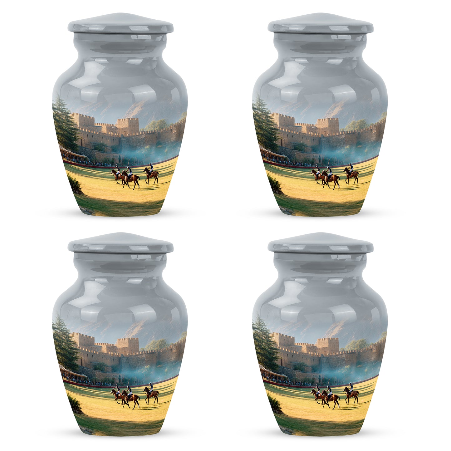 Satin Silver Horse Polo Cremation Urn side profile showing urn shape - timeless horse polo motif etched into premium metal - 10 inch aluminum urn for cremated remains