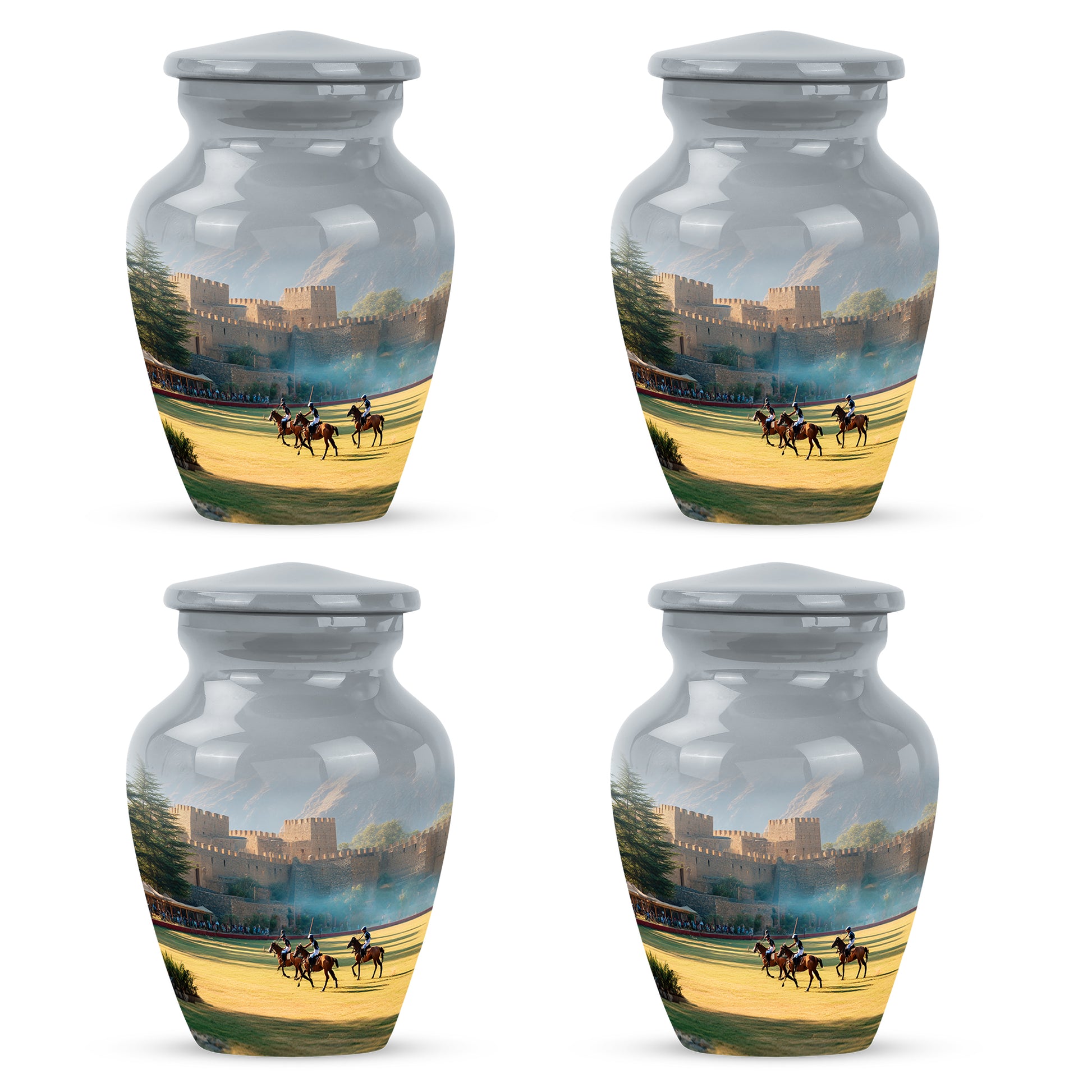 Satin Silver Horse Polo Cremation Urn side profile showing urn shape - timeless horse polo motif etched into premium metal - 10 inch aluminum urn for cremated remains