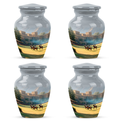 Satin Silver Horse Polo Cremation Urn side profile showing urn shape - timeless horse polo motif etched into premium metal - 10 inch aluminum urn for cremated remains