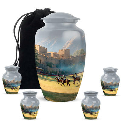 Satin Silver Horse Polo Cremation Urn top-down view of secure threaded lid - timeless horse polo motif etched into premium metal - memorial set with one large and four small urns