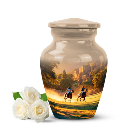 Personalized Gold Steadfast Horse Polo Cremation Urns for Human Ashes - 10-inch, 200 cu in - Yatskia