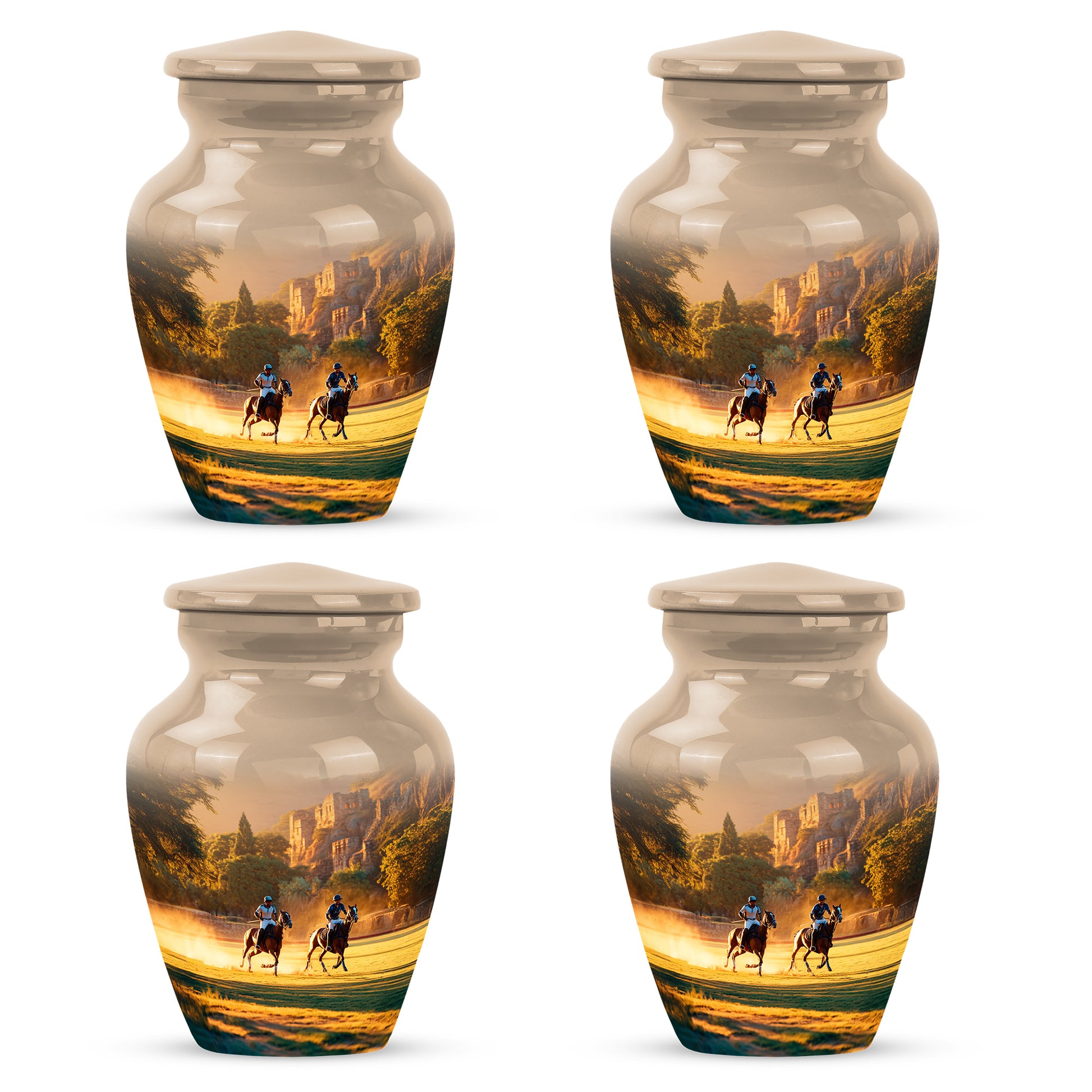 Matte Gold Horse Polo Cremation Urn side profile showing urn shape - elegant classic horse polo relief with fine detailing - 10 inch aluminum urn for cremated remains