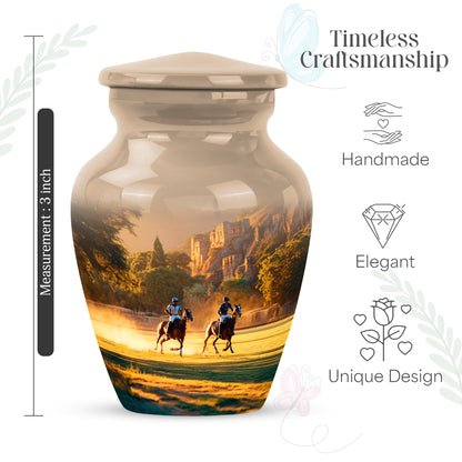 Sunrise Gold Horse Polo Cremation Urn close-up of engraving and surface detail - classic sculpted horse polo pattern on smooth aluminum - mini keepsake memorial for portion of cremation ashes