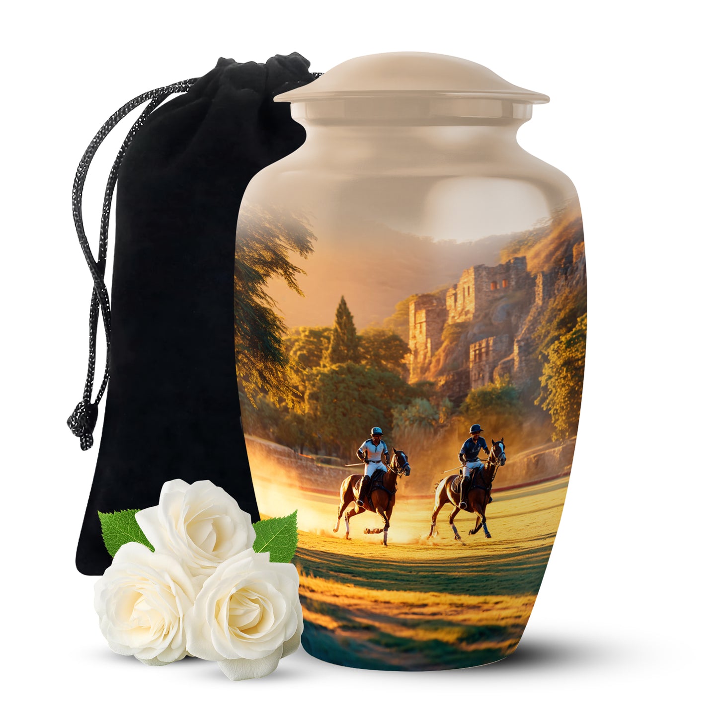 Matte Gold Horse Polo Cremation Urn angled view of lid and engraved motif - elegant classic horse polo relief with fine detailing - full-size 10 inch 200 cubic inch adult cremation urn