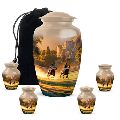 Burnished Gold Horse Polo Cremation Urn top-down view of secure threaded lid - traditional horse polo engraving with hand-polished finish - memorial set with one large and four small urns