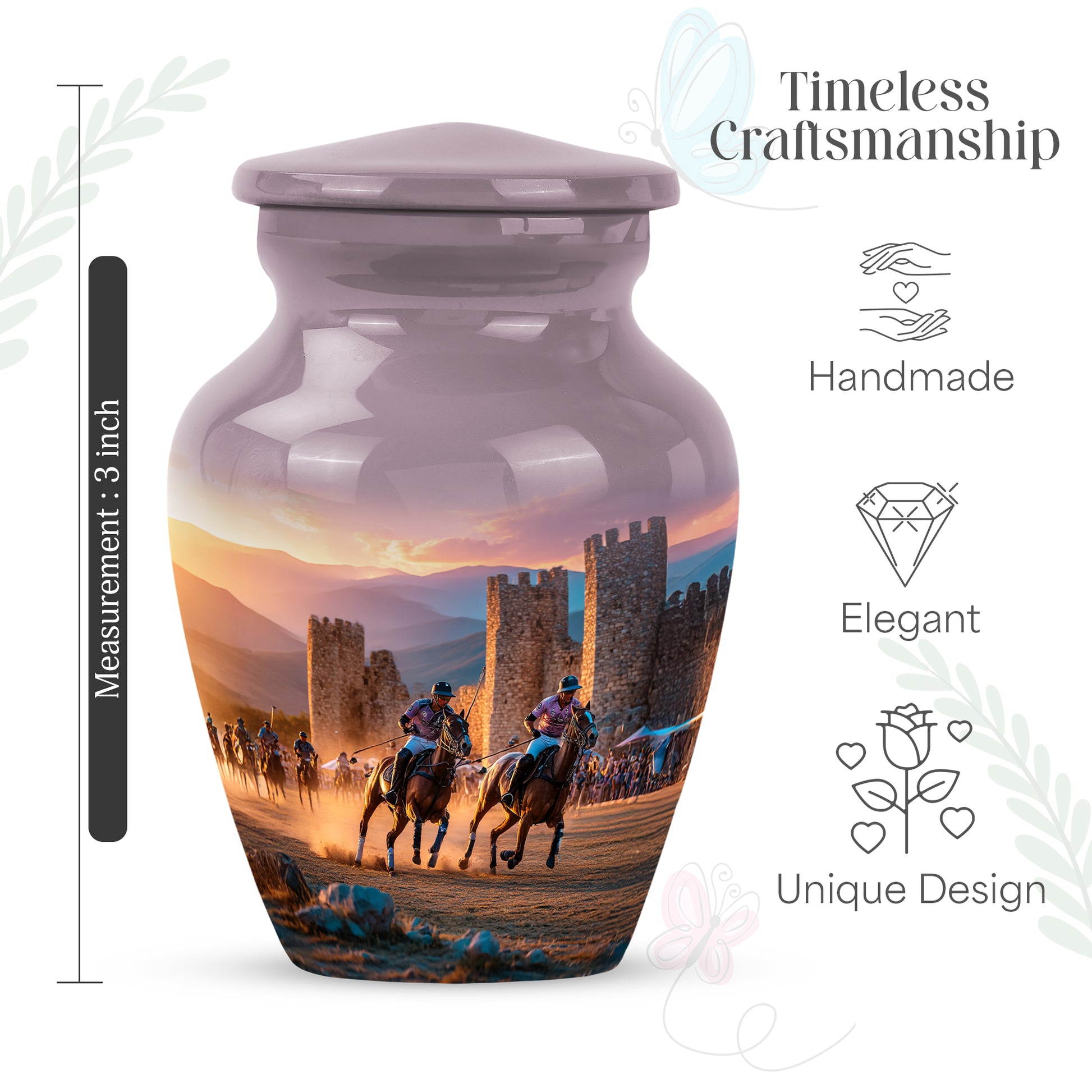 Storm Gray Horse Polo Cremation Urn close-up of engraving and surface detail - elegant classic horse polo relief with fine detailing - mini keepsake memorial for portion of cremation ashes