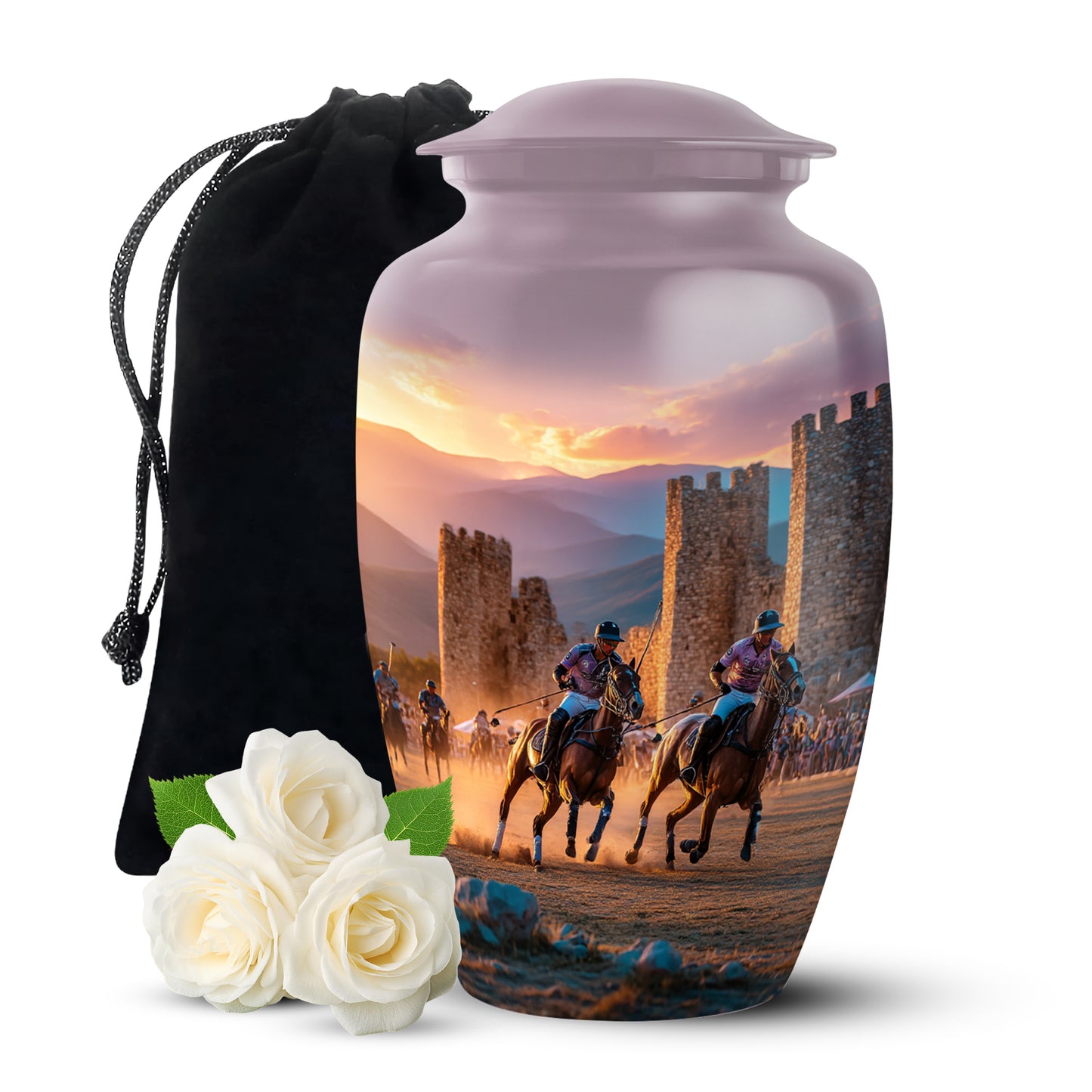 Slate Gray Horse Polo Cremation Urn angled view of lid and engraved motif - elegant classic horse polo relief with fine detailing - full-size 10 inch 200 cubic inch adult cremation urn