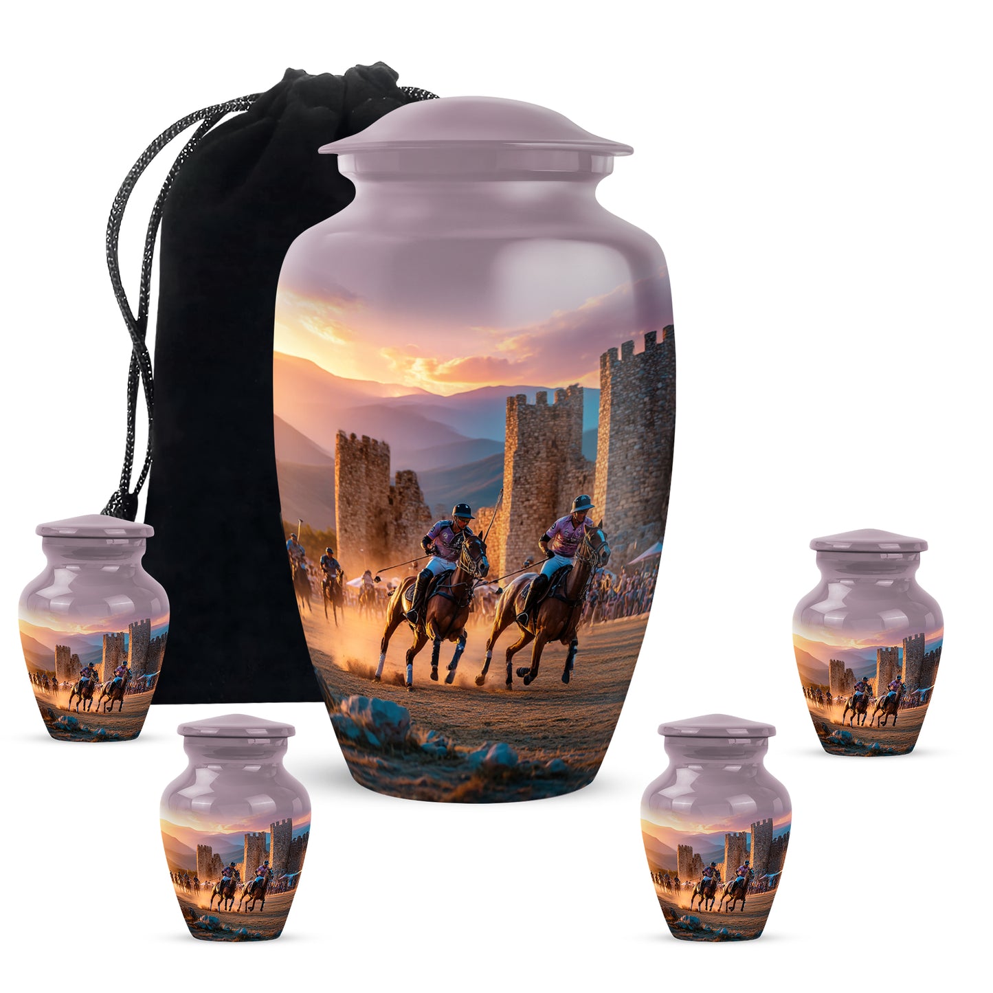 Silver Gray Horse Polo Cremation Urn top-down view of secure threaded lid - classic sculpted horse polo pattern on smooth aluminum - memorial set with one large and four small urns